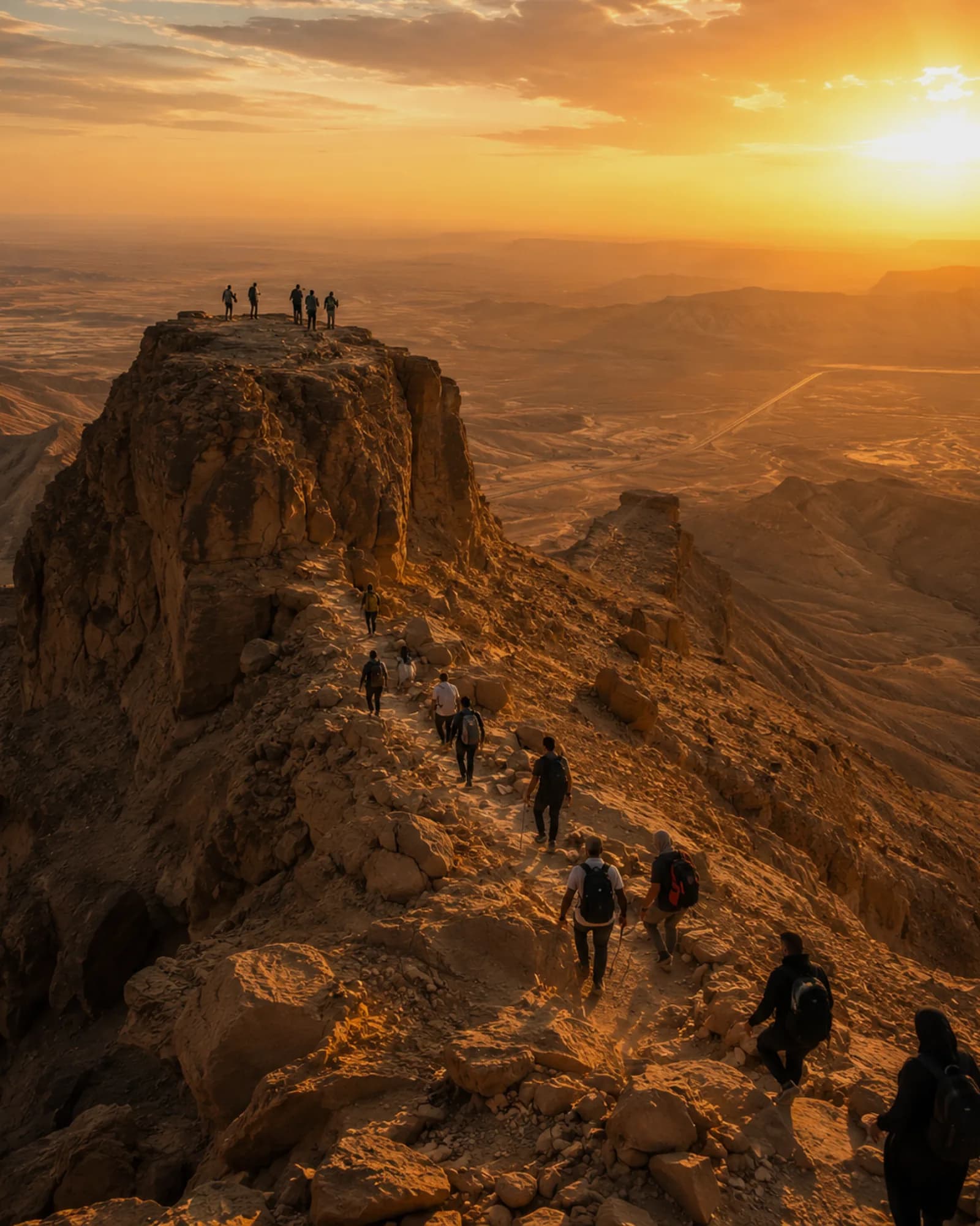 متنزّهون يصعدون سلسلة صخرية في الصحراء عند الغروب في السعودية