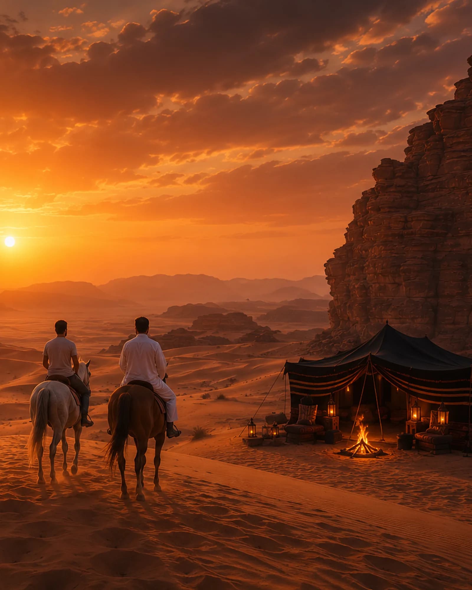 فرسان على ظهور الخيل بجوار جبال من الحجر الرملي ومخيم صحراوي