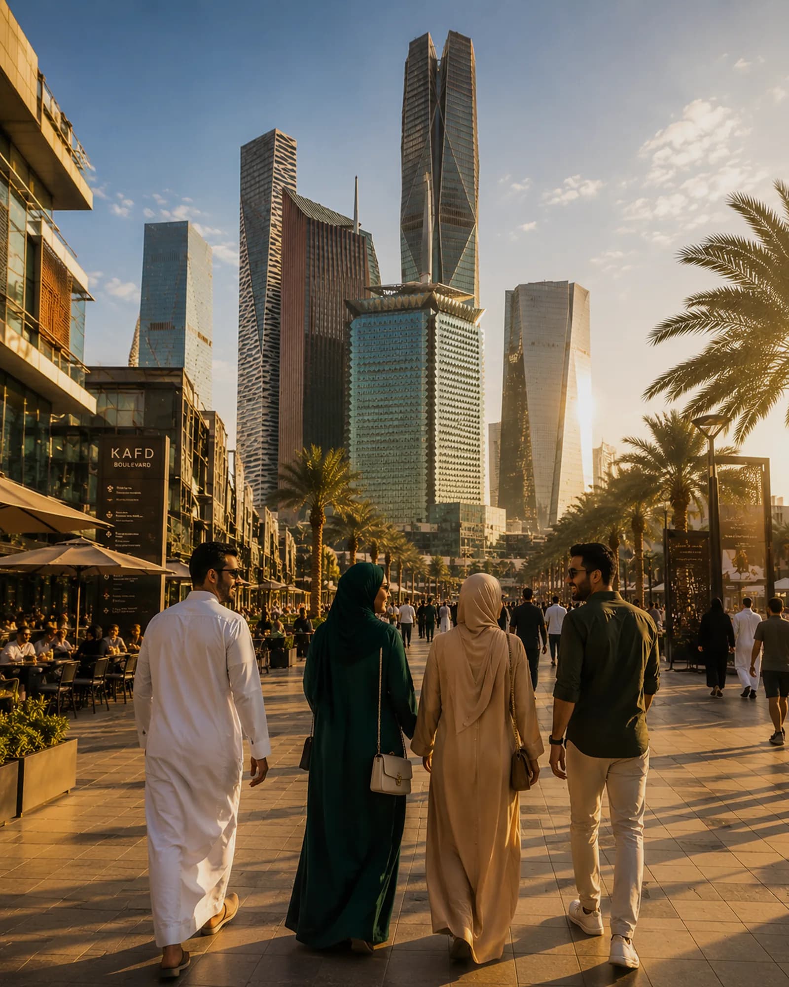 أبراج المركز المالي في الرياض تعلو ممشى تحفّه أشجار النخيل